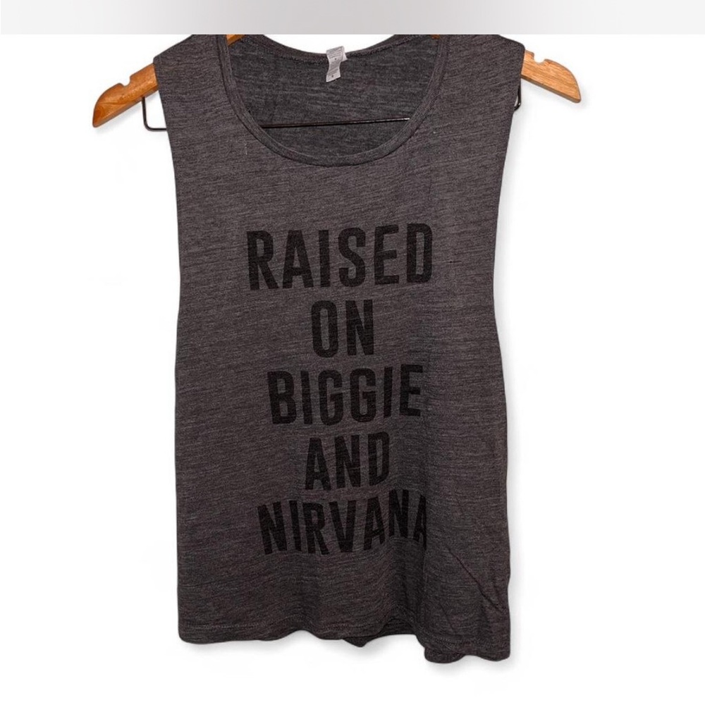 “Raised on Biggie & Nirvana” Gray Sleeveless Graphic Top